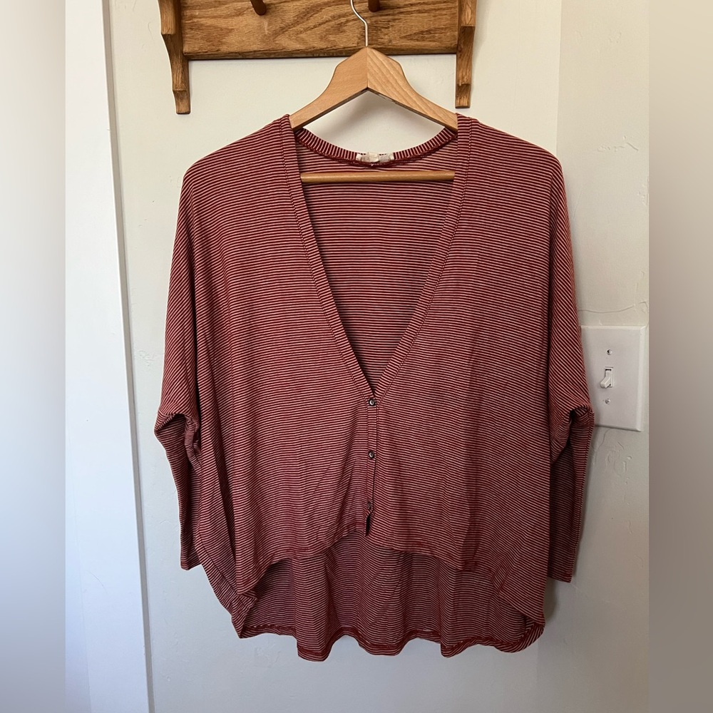 Striped Red V-Neck Button-Up Top